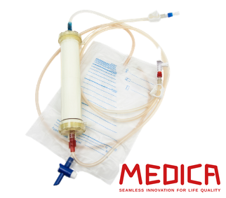 TEMED haemoconcentrator with pre-attached tubing and waste collection bag